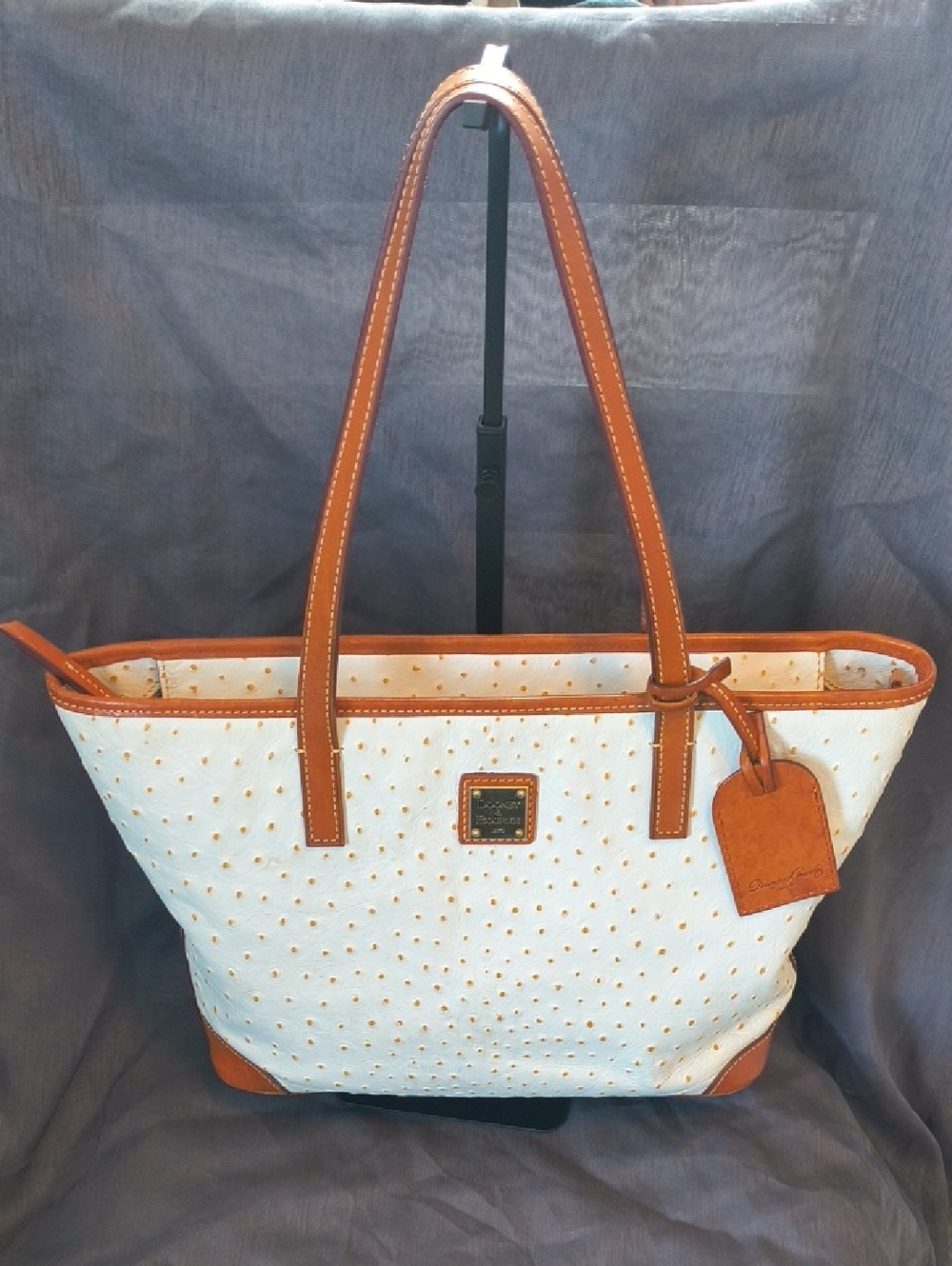 Dooney & Bourke White Ostrich Tote with Tan Leather Trim